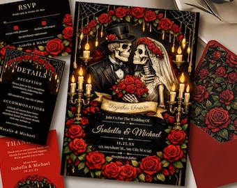 May include: Gothic wedding invitation suite featuring a skeleton couple surrounded by red roses and candles. The invitation includes RSVP, details, and thank you cards, with the names Isabella & Michael.