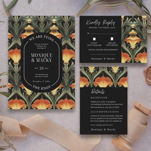 Gothic Art Nouveau Floral Wedding Invitation Bundle, Canva Editable Template