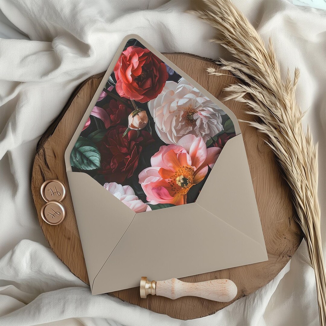 Peony Rose Moody Floral Envelope Liners, Printable Wedding Envelope ...