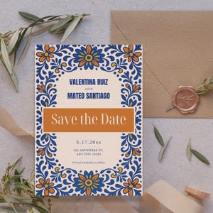 Talavera Save the Date Template, Colorful Mexican Tile Wedding Announcement, Printable Fiesta Save the Date, Editable Canva Invite