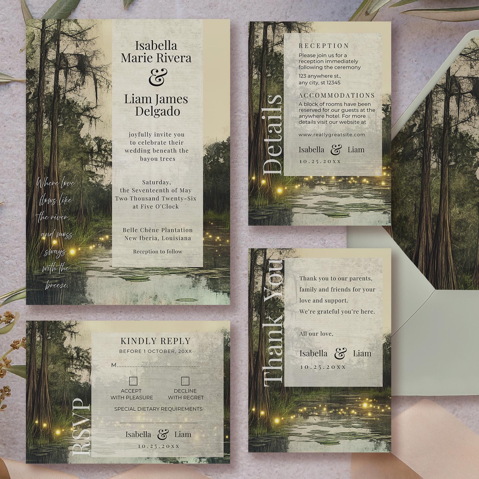 Bayou Wedding Invitation Basic Bundle Canva Template Rustic Romantic ...