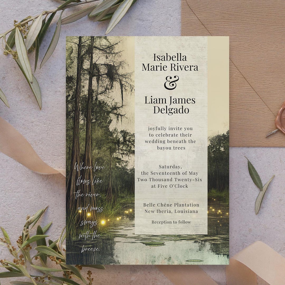 Bayou Wedding Invitation Rustic Romantic Live Oak Spanish Moss ...