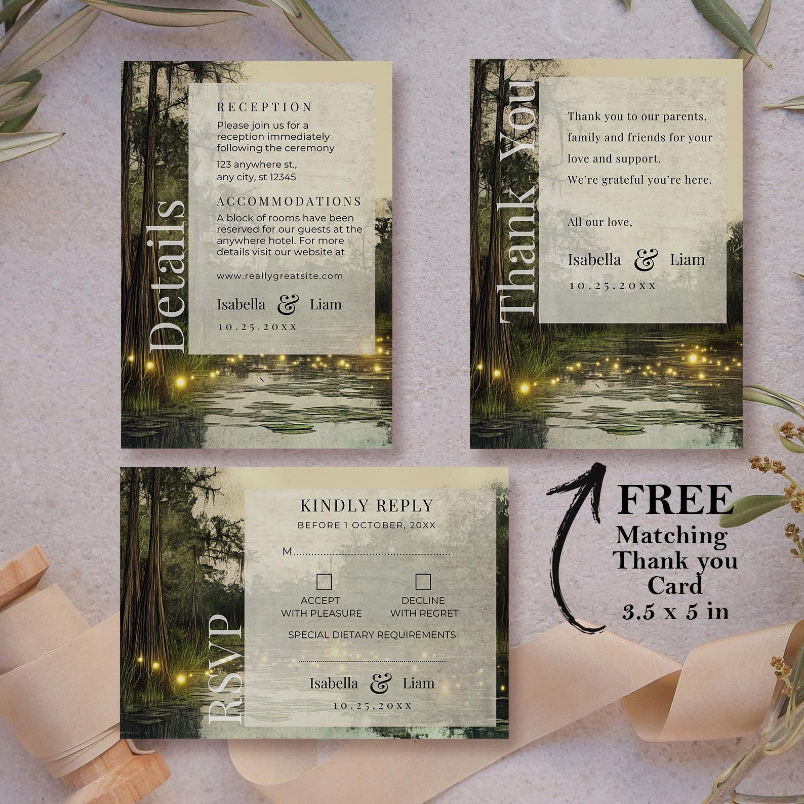 Bayou Wedding Invitation Basic Bundle Canva Template Rustic Romantic ...