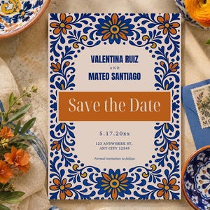 Talavera Save the Date Template, Mexican Tile Wedding Announcement, Fiesta Invite, Editable Canva Printable
