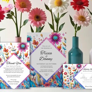 Zomertuin bruiloft uitnodigingsset, bloemen boho bruiloft uitnodiging, afdrukbare sjabloon - kleurrijke buiten bruiloft briefpapier WBO3