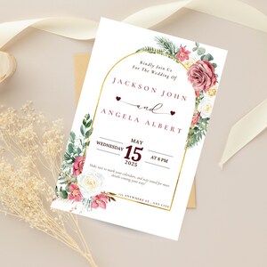 Floral Wedding Invitation Card, Editable Wedding Card Canva Template, Pink White Wedding Invitation, Wedding RSVP | FREE 10 Invite Mockups