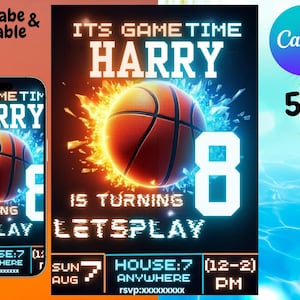 Basketball Birthday Invitation Canva Template | Editable Boys Sports Invite | Game Time Party Printable | 5x7” Digital Download