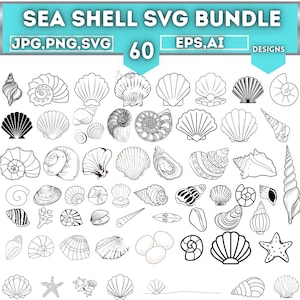 May include: An image showcasing 60 seashell designs available in SVG, JPG, and PNG formats. The image presents a variety of black and white illustrations of seashells, such as scallops, conch shells, and starfish. The text "SEA SHELL SVG BUNDLE" is displayed at the top.