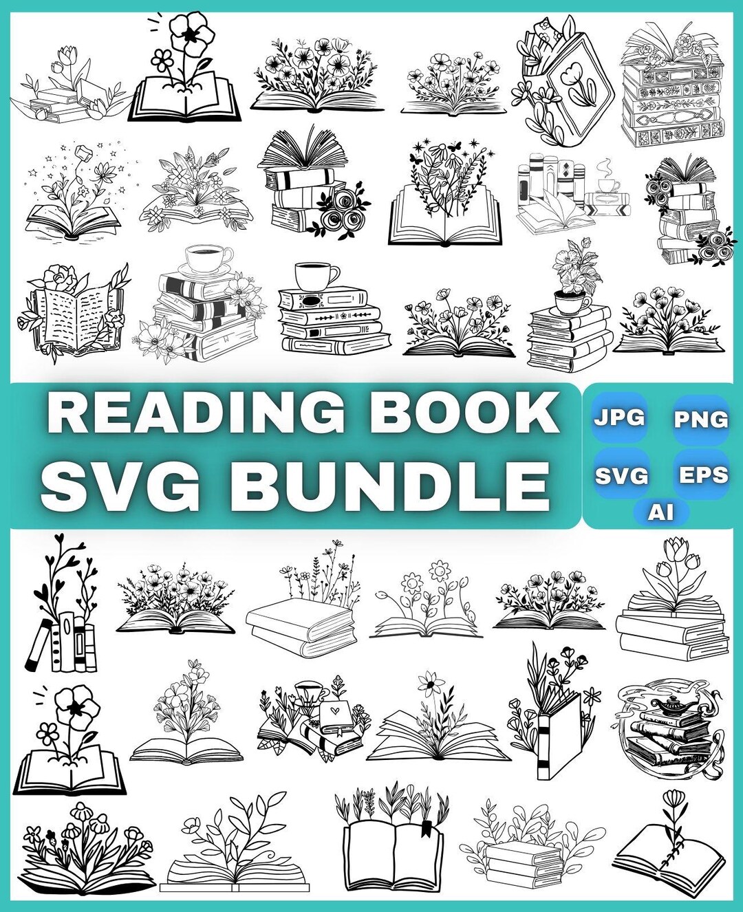 Reading Book SVG Bundle | Book Lover SVG Reading Clipart PNG Eps Dxf ...