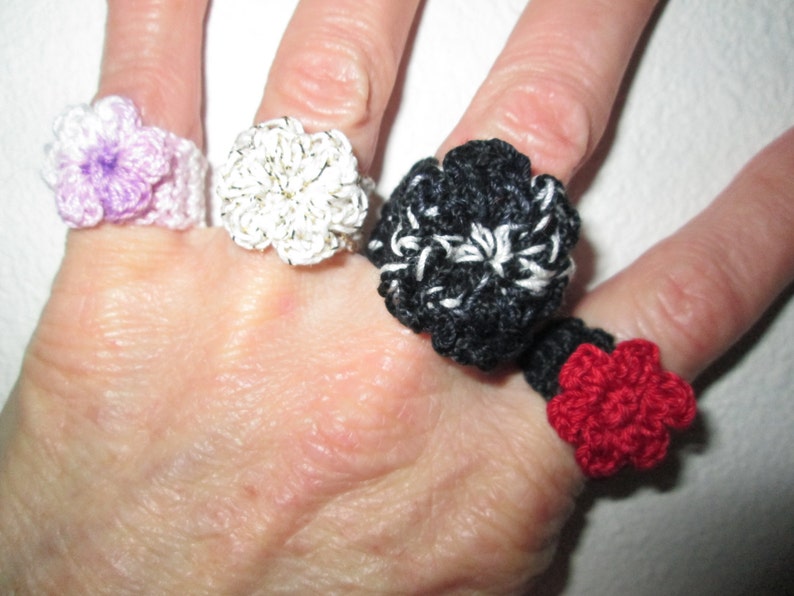 Free USA Shipping Black Crochet Flower Ring Cotton Fiber Art Rings Red Handmade Cotton Ring Cotton Rings Crocheted by SuzannesStitches