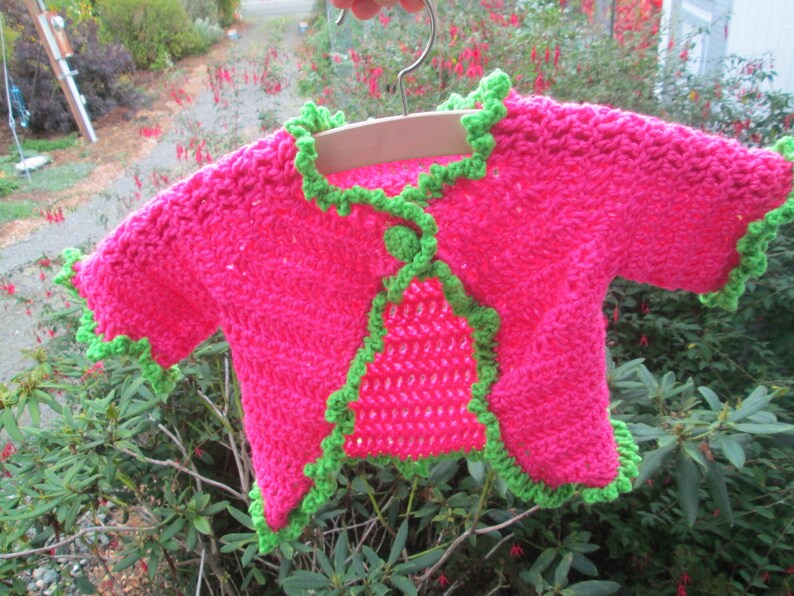 12 Months Baby Girl Pink /& Green Sweater Crocheted by SuzannesStitches Preemie Pink Baby Girl Cardigan 6 Month Baby Girl Pink Sweater