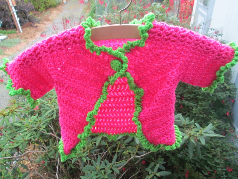 12 Months Baby Girl Pink /& Green Sweater Crocheted by SuzannesStitches Preemie Pink Baby Girl Cardigan 6 Month Baby Girl Pink Sweater