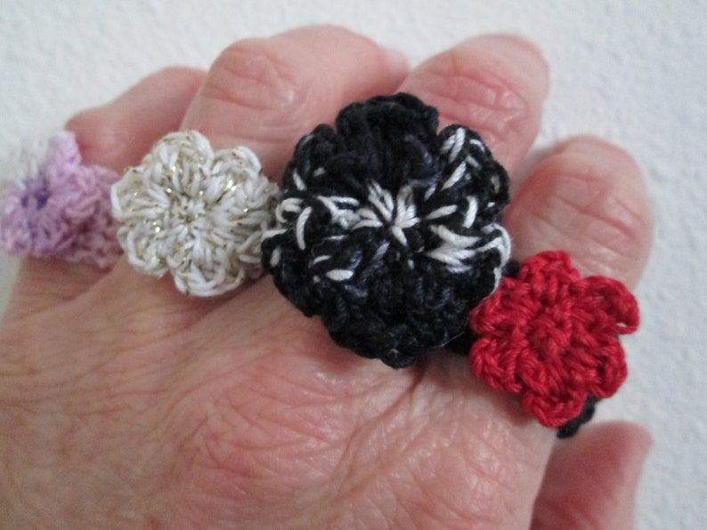 Free USA Shipping Black Crochet Flower Ring Cotton Fiber Art Rings Red Handmade Cotton Ring Cotton Rings Crocheted by SuzannesStitches