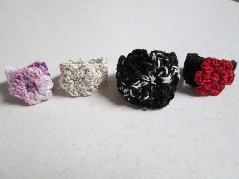 Free USA Shipping Black Crochet Flower Ring Cotton Fiber Art Rings Red Handmade Cotton Ring Cotton Rings Crocheted by SuzannesStitches