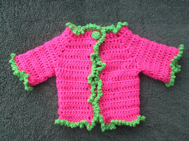 12 Months Baby Girl Pink /& Green Sweater Crocheted by SuzannesStitches Preemie Pink Baby Girl Cardigan 6 Month Baby Girl Pink Sweater