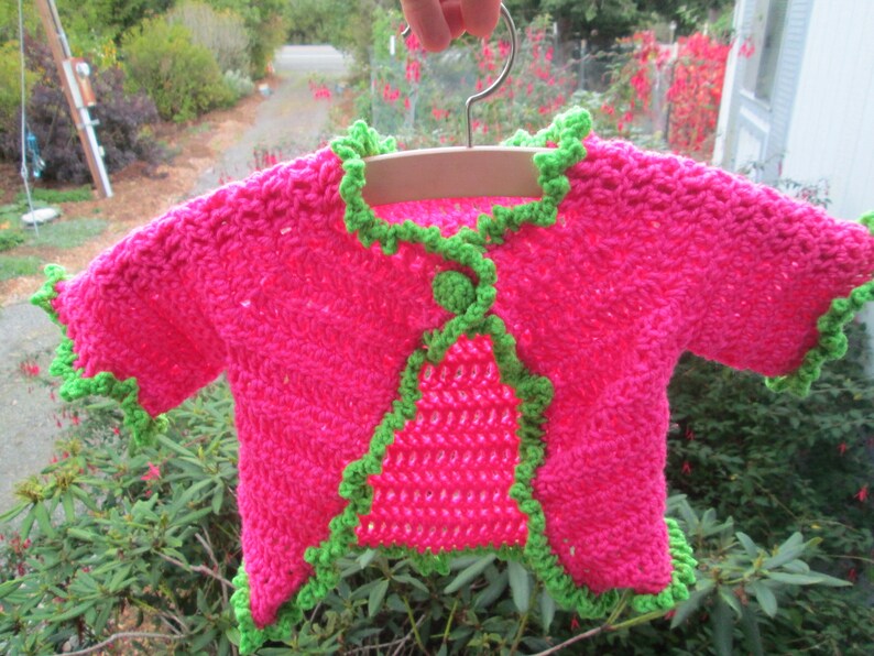 12 Months Baby Girl Pink /& Green Sweater Crocheted by SuzannesStitches Preemie Pink Baby Girl Cardigan 6 Month Baby Girl Pink Sweater
