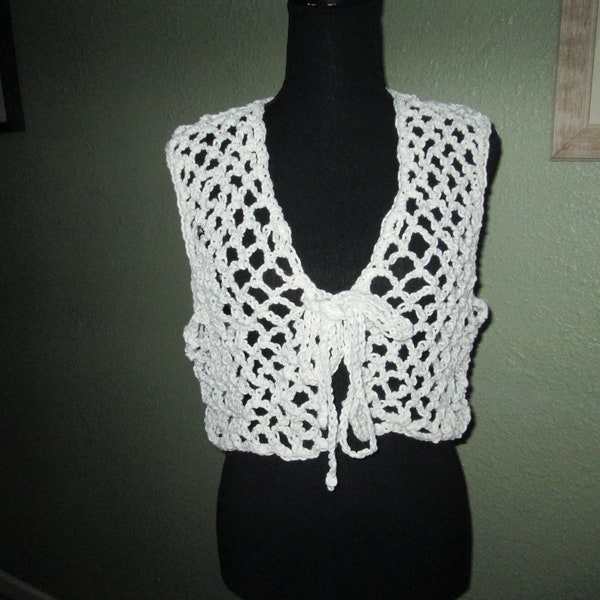 Large Size 70's White Crocheted Vest by SuzannesStitches, Womens XL Vest, Crochet White Vest, Mesh Crochet White Vest, Teen White Vest