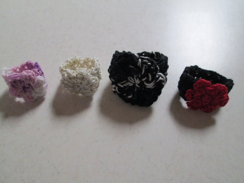 Free USA Shipping Black Crochet Flower Ring Cotton Fiber Art Rings Red Handmade Cotton Ring Cotton Rings Crocheted by SuzannesStitches