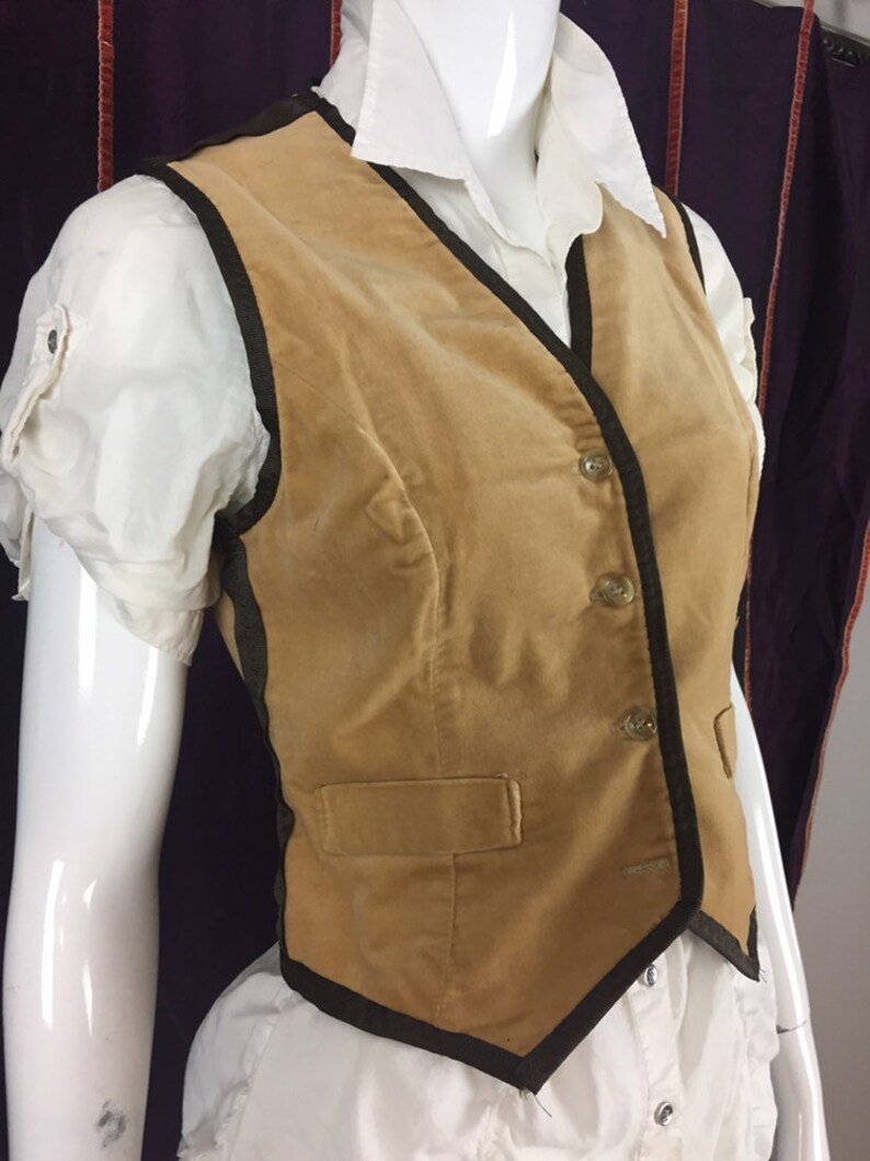 Woman/'s up-cycled tan velvet vest with brown ribbon trim size 6 or small steampunk victorian,