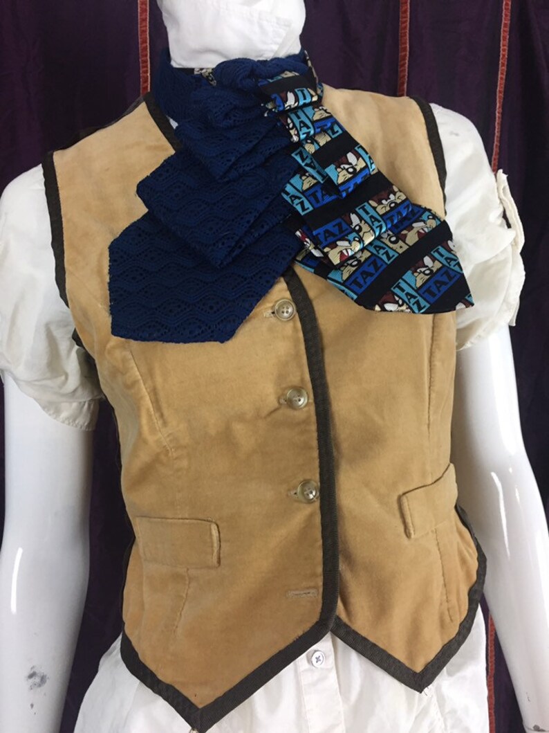 Woman/'s up-cycled tan velvet vest with brown ribbon trim size 6 or small steampunk victorian,