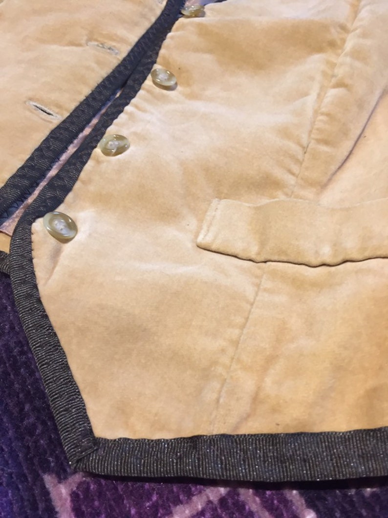 Woman/'s up-cycled tan velvet vest with brown ribbon trim size 6 or small steampunk victorian,