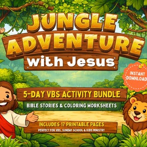 Puede incluir: Ilustración colorida para un paquete de actividades infantiles. La imagen presenta el texto "Jungle Adventure with Jesus" en un letrero de madera, junto con imágenes de dibujos animados de Jesús, un león y un mono. El paquete incluye historias bíblicas y hojas para colorear.