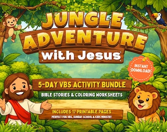 May include: A colorful illustration for a children's activity bundle. The image features the text "Jungle Adventure with Jesus" on a wooden sign, along with cartoon images of Jesus, a lion, and a monkey. The bundle includes Bible stories and coloring worksheets.