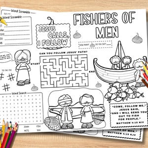 May include: Black and white coloring page with the text "FISHERS OF MEN" and various activities, including a word scramble, maze, and word search. The page features illustrations of Jesus, a boat, and fish, along with colored pencils and crayons.