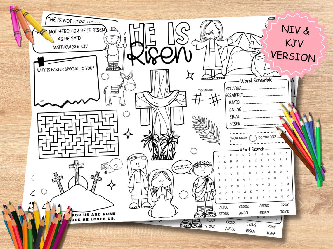 He is Risen Easter Activity Sheet | Kids Bible Word Search, Maze ...