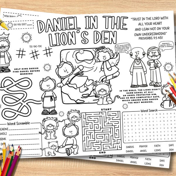 Daniel in der Lions Den Aktivitäts-Tischset | Bibelgeschichten-Arbeitsblatt für Kinder | Sonntagsschule Printable | Christliche Aktivitätsseite