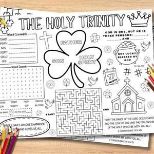 May include: Black and white coloring pages with the text "THE HOLY TRINITY" and various activities, including a word scramble, word search, and maze. The pages feature religious symbols and illustrations, with colored pencils and crayons.