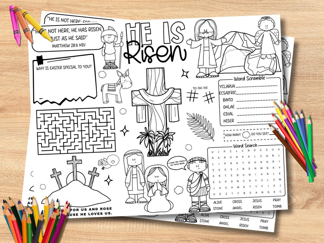 He is Risen Easter Activity Sheet | Kids Bible Word Search, Maze ...