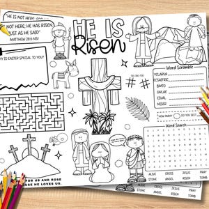 He Is Risen Easter Activity Sheet | Kids Bible Word Search, Maze, Coloring (Digital Download)