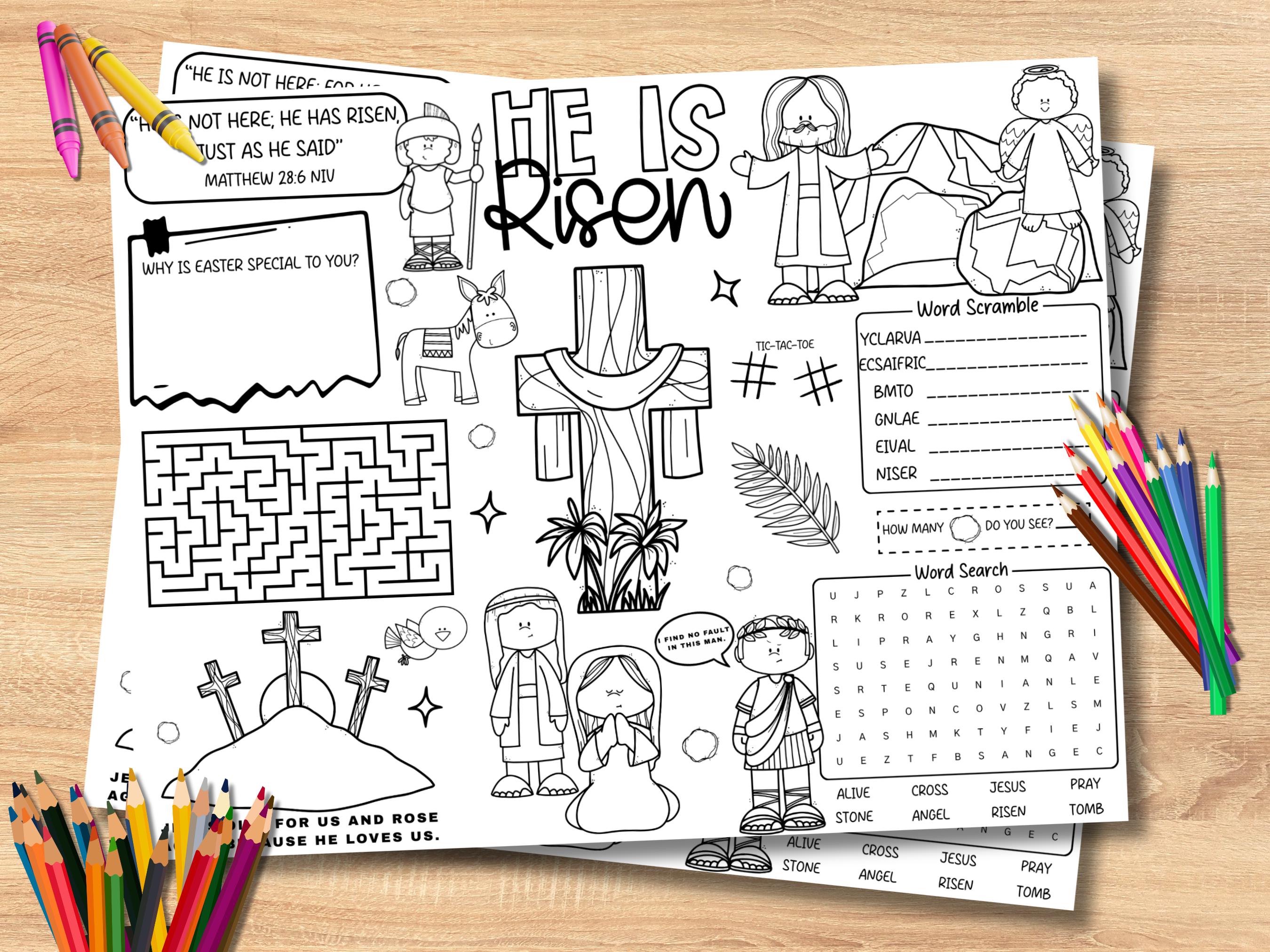 He is Risen Easter Activity Sheet | Kids Bible Word Search, Maze ...