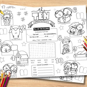 May include: Black and white coloring pages with illustrations of the Ten Commandments, including text and fill-in-the-blank sections. Crayons and colored pencils are scattered around the pages.