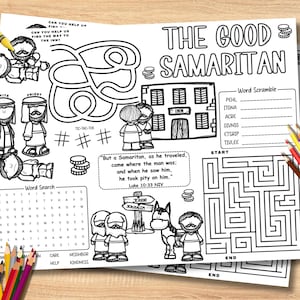 May include: Black and white coloring pages with the text "THE GOOD SAMARITAN" and various activities, including a maze, word scramble, and word search. Colored pencils and crayons are scattered around the pages.