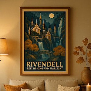 Rivendell at Twilight – Retro Fantasy Reiseposter | Elfen Kunstdruck | Mittelerde Wanddekoration | Tolkien inspiriertes Vintage Poster