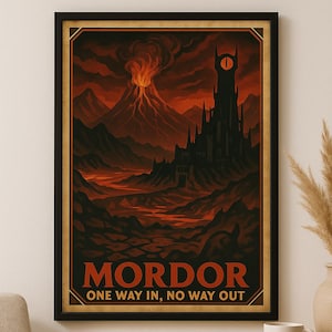 MORDOR Travel Poster – Retro Fantasy Wall Art | “One Way In, No Way Out” | Vintage Style Middle-earth Decor