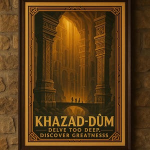 May include: Framed poster with the text "KHAZAD-DÛM - DELVE TOO DEEP - DISCOVER GREATNESSS" depicting an illustration of a grand, ancient city with a bridge and figures. The poster is above a table with beer bottles, glasses, a book, and a bowl.