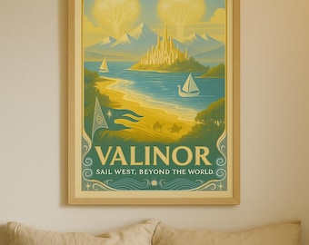 Valinor Travel Poster | “Sail West, Beyond the World” | Retro Elven Wall Art – Digital Download