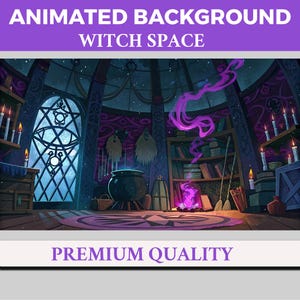 以下が含まれることがあります： 「Witch Space」というタイトルのアニメーション背景で、魔女の部屋のインテリアを描いています。シーンには大釜、本、ろうそく、燃える火が含まれています。「Premium Quality」というテキストが下にあります。