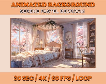 Serene Pastel Bedroom Background Animated, Lofi Twitch Streaming Overlay Scene, Sakura Room 4k Background, Cheery Blossom Loop Animation