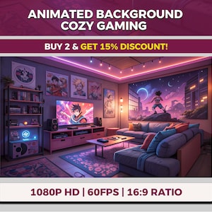 Può includere: Una scena di sfondo di gioco animata con il testo "ANIMATED BACKGROUND COZY GAMING". L'immagine mostra una stanza accogliente con una grande TV, librerie e un divano. Il testo "BUY 2 & GET 15% DISCOUNT!" è anch'esso visibile. L'immagine è etichettata "1080P HD | 60FPS | 16:9 RATIO".