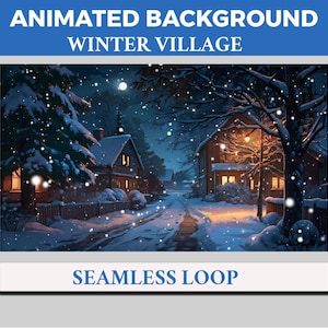 Besneeuwde winter dorp Vtuber achtergrond geanimeerd, Lofi Twitch streaming overlay scène, sneeuw vallende 4k achtergrond nachtscène lus animatie