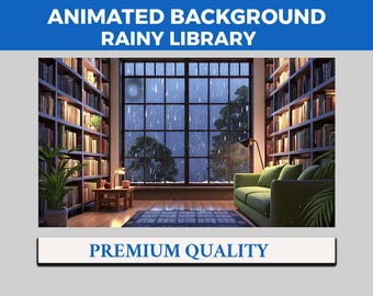 Regnerische Bibliothek Vtuber Hintergrund animiert, Lofi Twitch Piercing Szene, Lila Buch 4k Hintergrund, Schleifenanimationsbibliothek