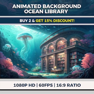 Può includere: Un'opera d'arte digitale animata raffigura una biblioteca sottomarina con meduse e pesci. La scena è ambientata in un vivace ambiente oceanico con un edificio pieno di libri. Il testo sull'immagine recita "ANIMATED BACKGROUND OCEAN LIBRARY" e "BUY 2 & GET 15% DISCOUNT!"