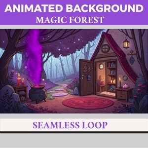 Può includere: Immagine di sfondo animata di una scena di foresta magica. Una nuvola viola si alza da un calderone di fronte a un piccolo cottage con la porta aperta. Il testo "ANIMATED BACKGROUND MAGIC FOREST" e "SEAMLESS LOOP" sono in alto e in basso.