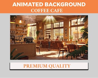 May include: An animated background of a coffee shop with a warm, inviting atmosphere. The shop has large windows, wooden tables and chairs, and a counter with a coffee machine. Sunlight streams through the windows, creating a bright and cheerful ambiance. The text "ANIMATED BACKGROUND COFFEE CAFE" is displayed at the top of the image, and "PREMIUM QUALITY" is displayed at the bottom.