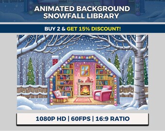 Cozy Snowfall Library VTuber Background Animated, Snowy Study Twitch Streaming Overlay, Winter Haven, Fairy Fireplace, Fireside Books