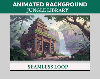 May include: An illustration of a jungle library with the text "Animated Background Jungle Library" and "Seamless Loop". The library is made of stone and surrounded by lush greenery, a waterfall, and monkeys.